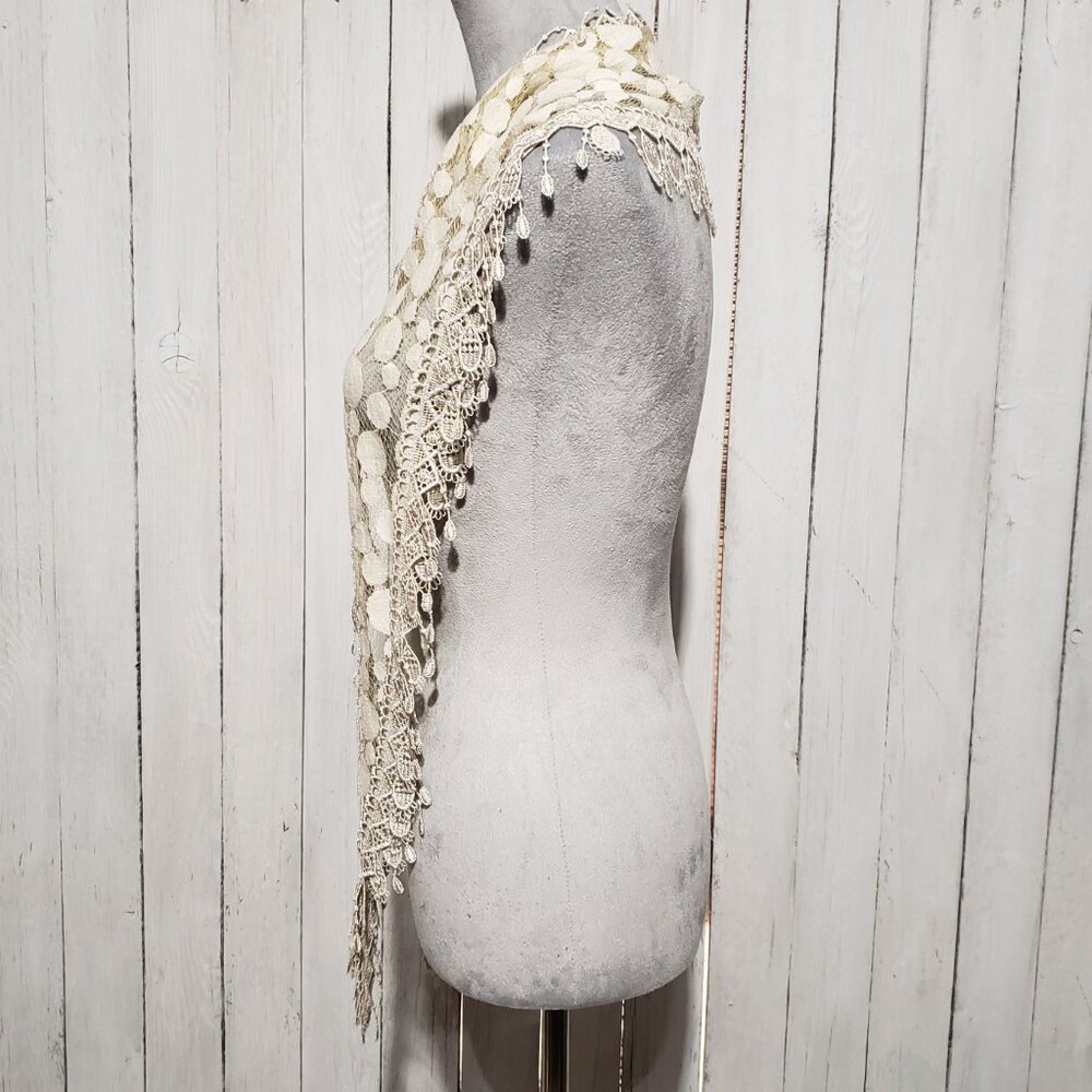 Women's Scarf Cream Beige Fringe Sheer Mesh Lace Cottage Boho Coastal Coquette - Picture 6 of 7